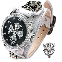 Amazon | 腕時計 メンズ 白 本革ベルト ジルコニアクロス 黒文字
